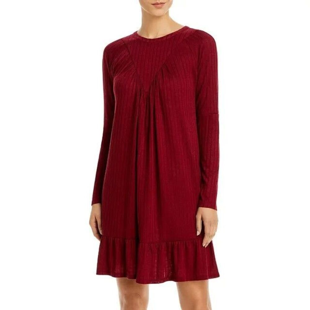 AQUA Womens Dress Small Maroon Pullover Shift Draped Ruffle Hem Keyhole Neck